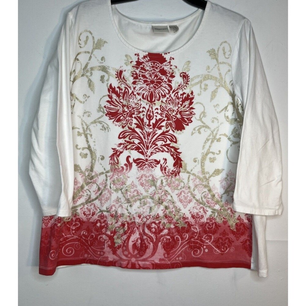 Chicos Art Print Red Damask Scroll Regency  Scoop Blouse Top sz 3 / 16 XL (15)